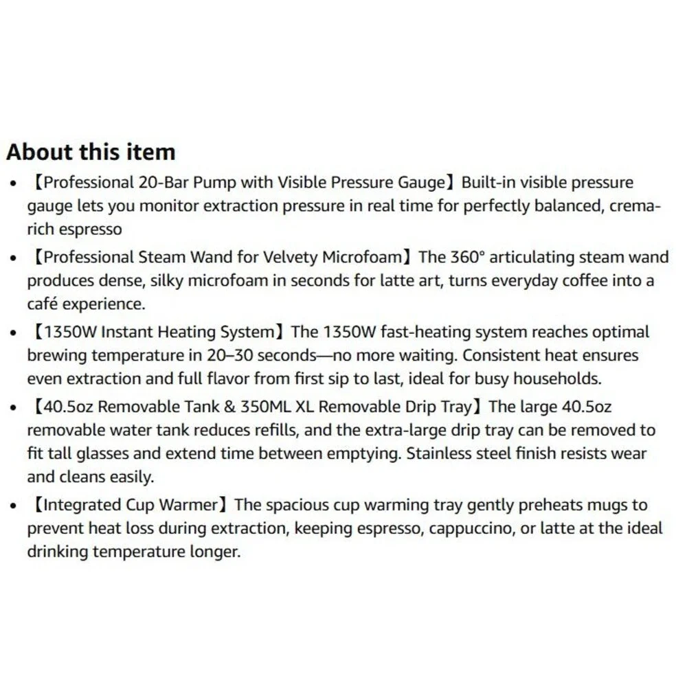 20 Bar Espresso Machine with Milk Frother Stainless Steel Coffee Maker, 1350W Fa